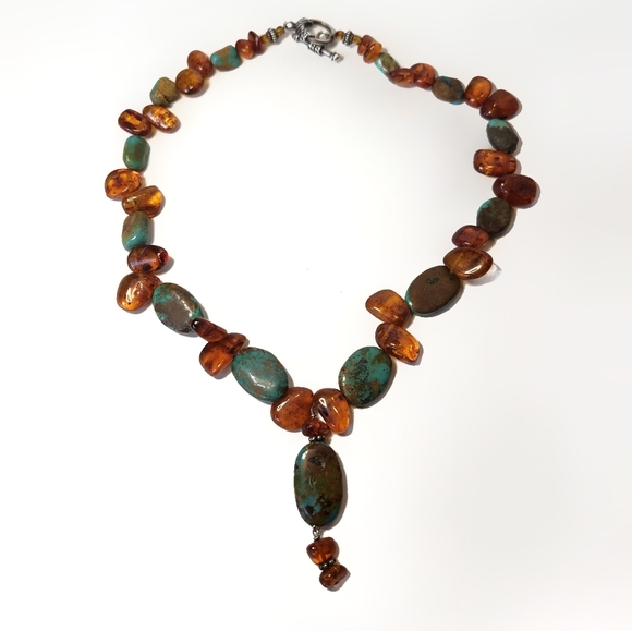 Turquoise And Amber Necklace, Vtg, Handmade Artisan, Sterling Toggle Closure - Picture 4 of 5